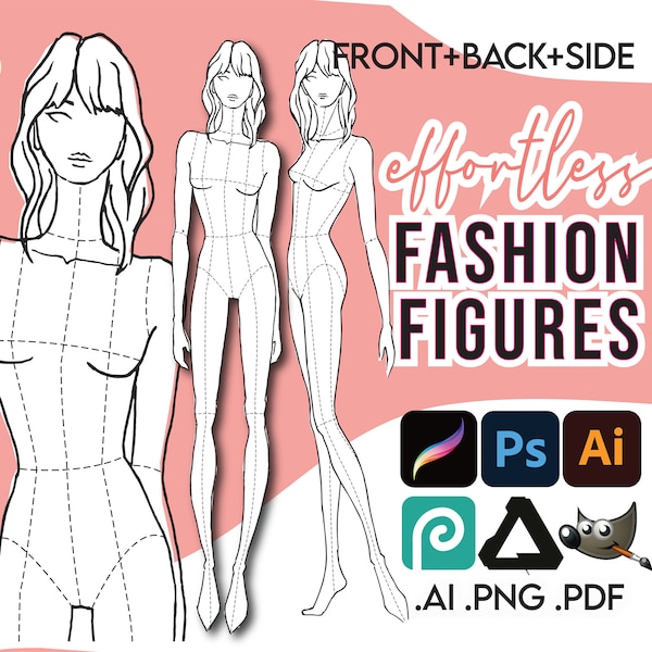 ILUSTRACJA MODY SZABLONY CROQUIS • Do druku w formacie PDF • Ai Adobe Illustrator • Png dla Procreate • Figury 9-głowe kobiet + bezpłatny plik bonusowy