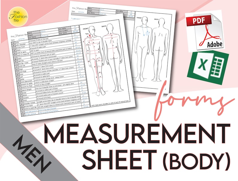 Puede incluir: Un gr&aacute;fico de medidas corporales para hombres imprimible con una vista frontal y posterior de una figura con puntos de medida marcados. El gr&aacute;fico incluye una tabla con los nombres y las descripciones de las medidas. El gr&aacute;fico est&aacute; disponible en formatos PDF y Excel.