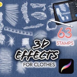 Può includere: Pennelli di arte digitale per effetti di abbigliamento. L'immagine mostra vari effetti 3D bianchi, tra cui strappi e lacerazioni, su uno sfondo denim. È visibile anche un tablet con stilo e il testo "63 STAMPS". Le parole "3D EFFECTS FOR CLOTHES" sono al centro.