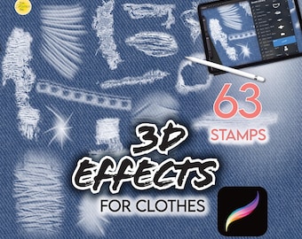 64 PROCREATE 3D EFFECTS Stempel Set • Realistische Procreate Rippen, 3D Fading-Effekte und 8 Nähte • Fashion Procreate Pinsel Illustration Anime