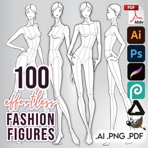 May include: Four black and white line drawings of fashion figures in different poses. The text "100 effortless FASHION FIGURES .AI .PNG .PDF" is below the figures.