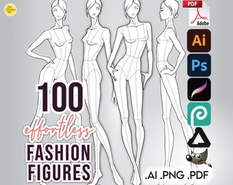 FASHION FIGURE 100 TEMPLATES Pack • 9-Head Female Sketches - Pdf, Ai, Png for Procreate + Free 10 Hair Pack & Bonus File