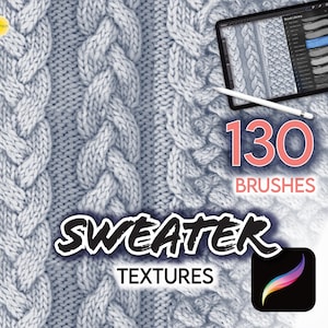 Könnte beinhalten: Nahaufnahme einer grauen Strickstruktur mit Zopfmuster. Das Bild enthält den Text "130 BRUSHES" und "SWEATER TEXTURES".