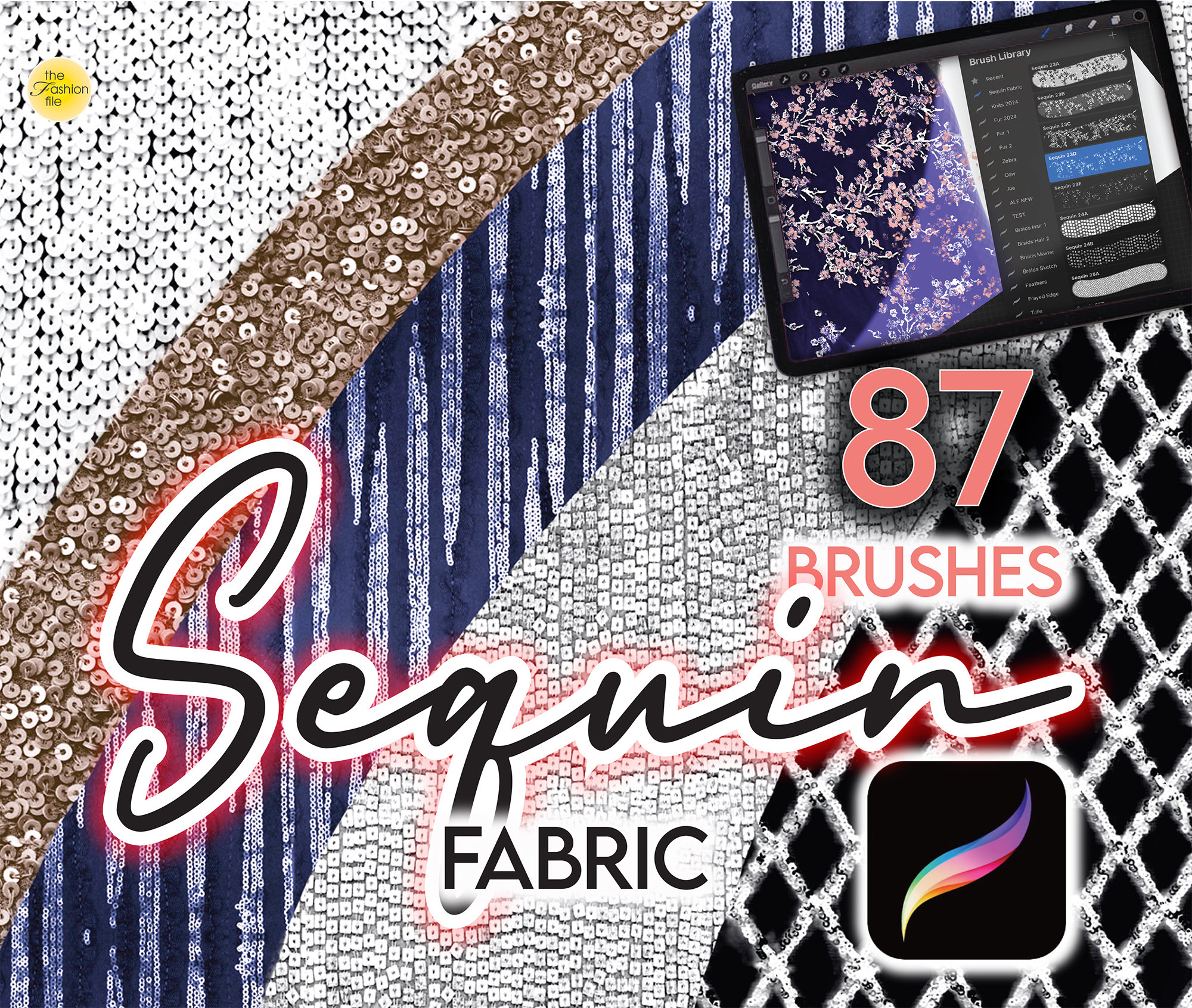 87 pinceles de moda para Procreate – texturas de tela con lentejuelas, sparkle y brillo glitter, set para diseñadores, anime y manga
