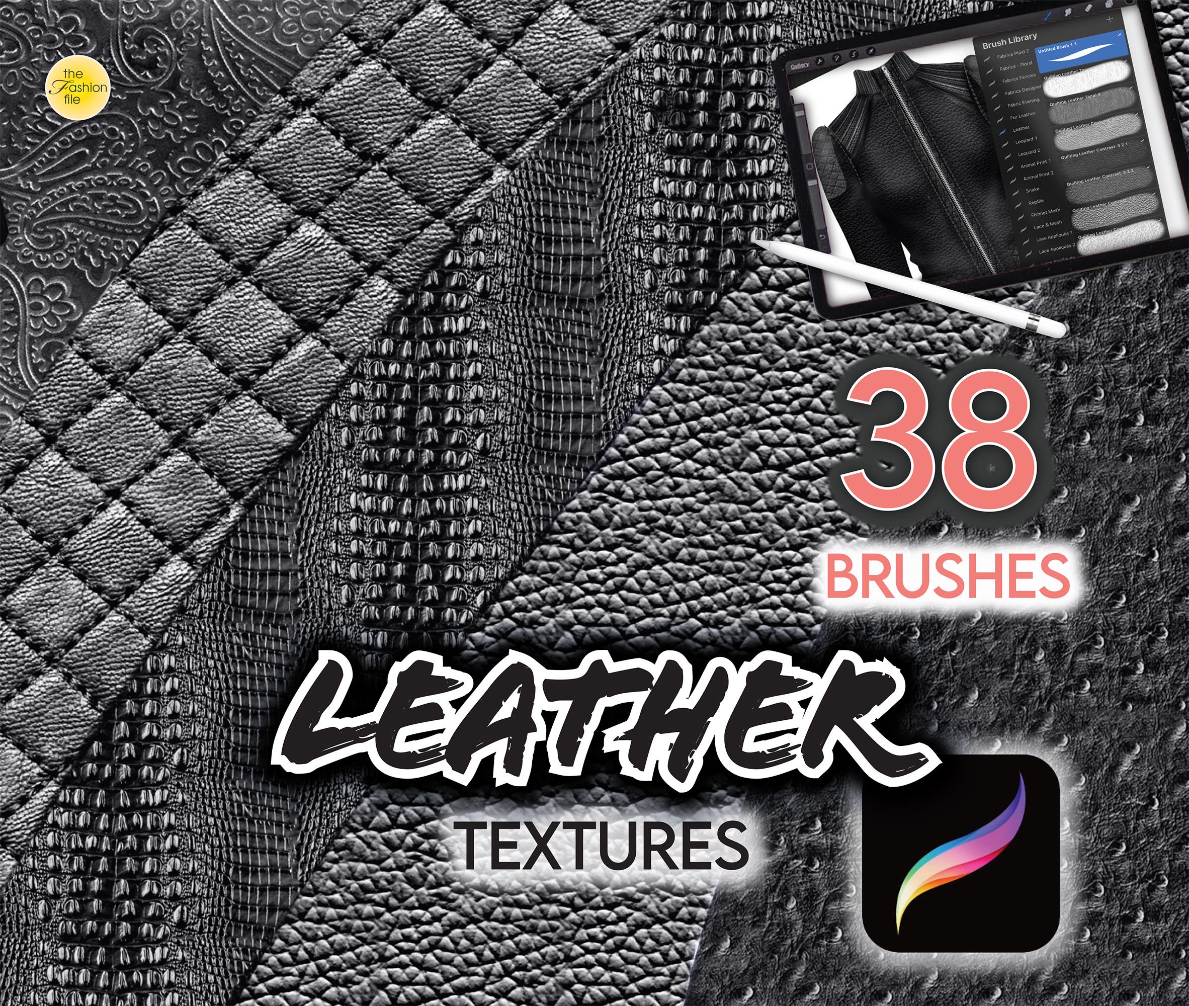 38 pinceles de texturas de cuero para Procreate – Vaqueta, Cocodrilo, Reptil, Gamuza, Acolchado, Grabado + Puntadas de bonificación