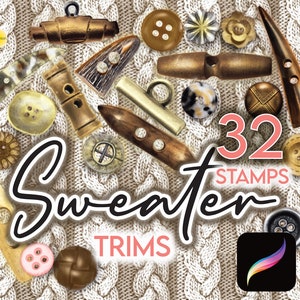 May include: A collection of 32 digital stamps featuring various sweater trims and buttons. The stamps are designed in a vintage style and include a variety of colors, shapes, and textures. The stamps are perfect for adding a touch of handmade charm to your digital projects.