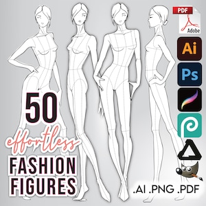Può includere: Un set di 50 figure di moda in bianco e nero in varie pose. Le figure sono delineate in nero e hanno linee tratteggiate per i dettagli. Il testo "50 effortless FASHION FIGURES .AI .PNG .PDF" è nella parte inferiore dell'immagine.