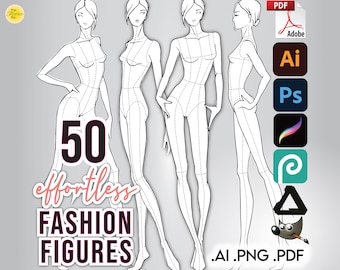 FASHION FIGURES 50 TEMPLATES Pack • 9-Head Female Sketches • Pdf Ai Png for Procreate • Designer Croquis + Free Basic Hair Pack & Bonus File