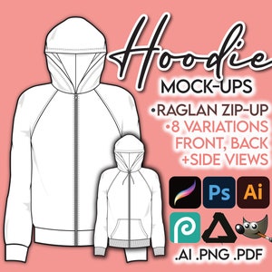 RAGLAN ZIP HOODIE Mockup Vector Streetwear Clothing • Ai/Pdf/Png • Front, Side, Back • Adobe Illustrator Photoshop Procreate Affinity Gimp
