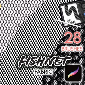 Puede incluir: Una ilustración digital de 28 pinceles de Procreate para crear patrones de tejido de red. La imagen muestra dos patrones de red diferentes, uno con forma de diamante y el otro con forma circular. El texto "Fishnet Fabric" está escrito en negrita, en negro. La imagen también incluye un icono de la aplicación Procreate.