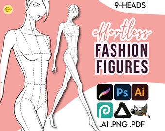 Può includere: Due modelli di figure di moda con linee tratteggiate per disegnare abiti. Le figure sono alte 9 teste. Il testo "effortless FASHION FIGURES" è nell'angolo in alto a destra. Il testo ".AI .PNG .PDF" è nell'angolo in basso a destra.