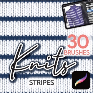May include: A digital illustration of a blue and white striped knit fabric pattern. The text "Knits Stripes" and "30 Brushes" are visible. The image is a digital download of 30 Procreate brushes.