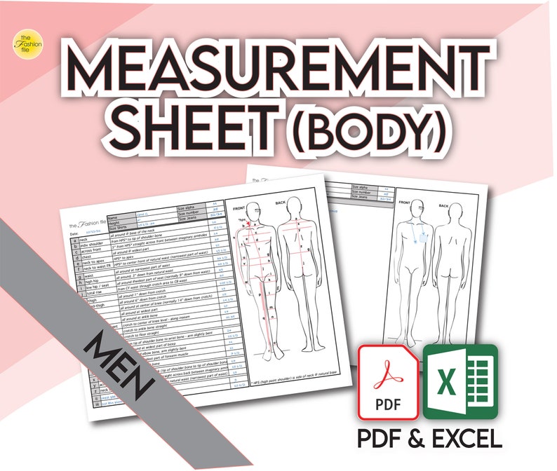 Puede incluir: Una hoja de medidas imprimible para tomar medidas corporales. La hoja incluye un diagrama de una persona con puntos numerados para tomar medidas. La hoja est&aacute; disponible en formatos PDF y Excel. El texto en la hoja dice "Measurement Sheet (Body) Men PDF & EXCEL"