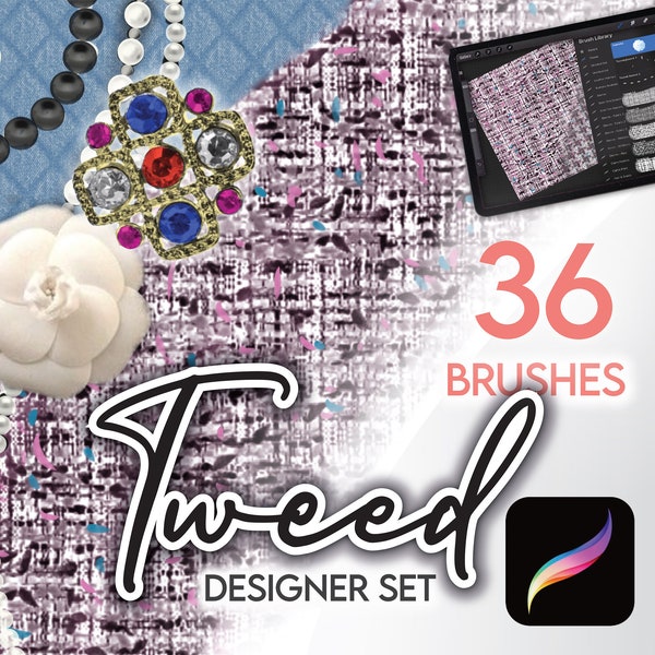33 PROCREATE FABRIC TWEED Textur Bürsten • + Kostenlose Perlen, Camelia & Gesteppter Denim Mode Textil Illustration Anime Kleidung Skizzen
