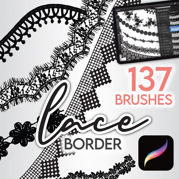 135 PINCELES DE MODA PROCREATE • 105 Pinceles para texturas de bordes decorativos de encaje + 32 Pinceles para puntadas • Archivos de conjuntos de pinceles para lencería nupcial + Bonificación gratis