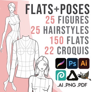 Puede incluir: Una ilustración digital de una plantilla de diseño de moda con 25 figuras, 25 peinados, 150 planos y 22 croquis. El texto "FLATS+POSES" está en letras grandes y negritas en la parte superior de la imagen. El texto "25 FIGURES", "25 HAIRSTYLES", "150 FLATS" y "22 CROQUIS" está en letras más pequeñas y negritas debajo de la primera línea de texto. El texto ".AI.PNG.PDF" está en la parte inferior de la imagen. La imagen está en blanco y negro.
