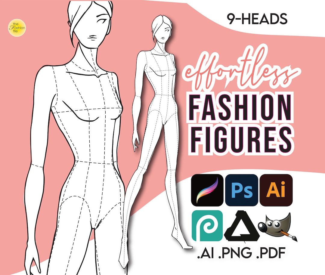 FASHION DESIGN TEMPLATE Pdf Ai Png for Procreate 9-head Female Fashion ...