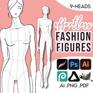 FASHION DESIGN TEMPLATE • Pdf Ai Png for Procreate • 9-Head Female Fashion Sketch • Free Bonus File: Must Have Tools for Fashion Designers!