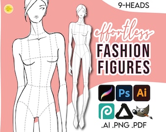Può includere: Un disegno in bianco e nero di una figura di moda con nove teste. La figura è divisa in sezioni con linee tratteggiate. Il testo "9-HEADS effortless FASHION FIGURES" è nell'angolo in alto a destra dell'immagine. Il testo ".AI .PNG .PDF" è nell'angolo in basso a destra dell'immagine.