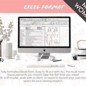 May include: A computer screen displaying an Excel spreadsheet with a body measurement chart. The spreadsheet is titled "EXCEL FORMAT" and includes a diagram of a person with labeled body measurements. The text below the screen reads "Fully formatted Excel form. Easy to fill out with ALL the must have measurements you should take the first time you meet with a fit model, work with a client, or need to record your own body specs for your sewing project."