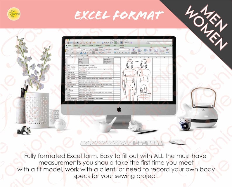 May include: A computer screen displaying an Excel spreadsheet with a body measurement chart. The spreadsheet is titled "EXCEL FORMAT" and includes a diagram of a person with labeled body measurements. The text below the screen reads "Fully formatted Excel form. Easy to fill out with ALL the must have measurements you should take the first time you meet with a fit model, work with a client, or need to record your own body specs for your sewing project."