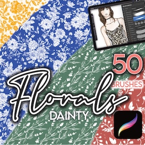 May include: A digital illustration of 50 floral brushes for use in digital art programs. The brushes are shown on a background of four different floral patterns. The text "50 Brushes" and "Dainty Florals" is also included in the image.