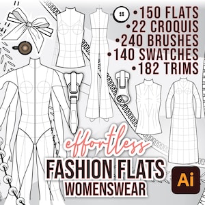 MODÈLES D&#39;APPARTEMENTS DE MODE pour l&#39;ensemble Tech Packs • Adobe Illustrator • 22 Croquis féminins • 150 Appartements • 140 Échantillons • 240 Pinceaux • 180 Garnitures