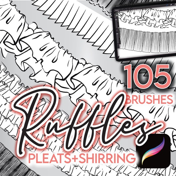 105 PROCREATE RUFFLE BRUSHES • Falten Raffen Smocking Gathers Rüschen Kleider Skizze Zeichnung Modedesign Technische Wohnungen Pinsel Anime Manga