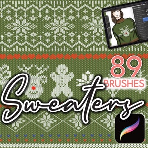 Könnte beinhalten: Eine digitale Illustration eines grünen Pullovers mit einem Rentier- und Lebkuchenmann-Design. Das Bild ist von einem grünen und weißen Strickmuster umgeben. Der Text "89 Brushes" wird in Pink auf weißem Hintergrund angezeigt. Der Text "Sweaters" ist in schwarzer Kursivschrift geschrieben.