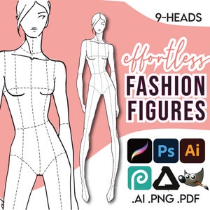 FASHION DESIGN TEMPLATE • Pdf Ai Png for Procreate • 9-Head Female Fashion Sketch • Free Bonus File: Must Have Tools for Fashion Designers!