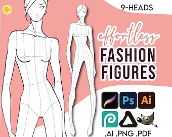 Può includere: Un disegno in bianco e nero di una figura di moda con nove teste. La figura è in piedi con le braccia lungo i fianchi. La figura è divisa in sezioni con linee tratteggiate. Il testo "9-HEADS effortless FASHION FIGURES" è nell'angolo in alto a destra dell'immagine. Il testo ".AI .PNG .PDF" è nell'angolo in basso a destra dell'immagine.