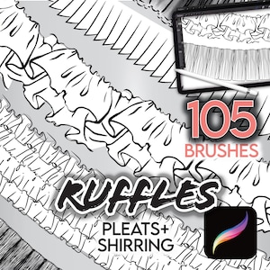 Può includere: Un'illustrazione digitale di 105 pennelli per creare balze, pieghe e arricciature. I pennelli sono progettati per essere utilizzati con Procreate, una popolare app di arte digitale. L'immagine presenta una varietà di stili di balze, tra cui balze semplici, sovrapposte e a cascata.