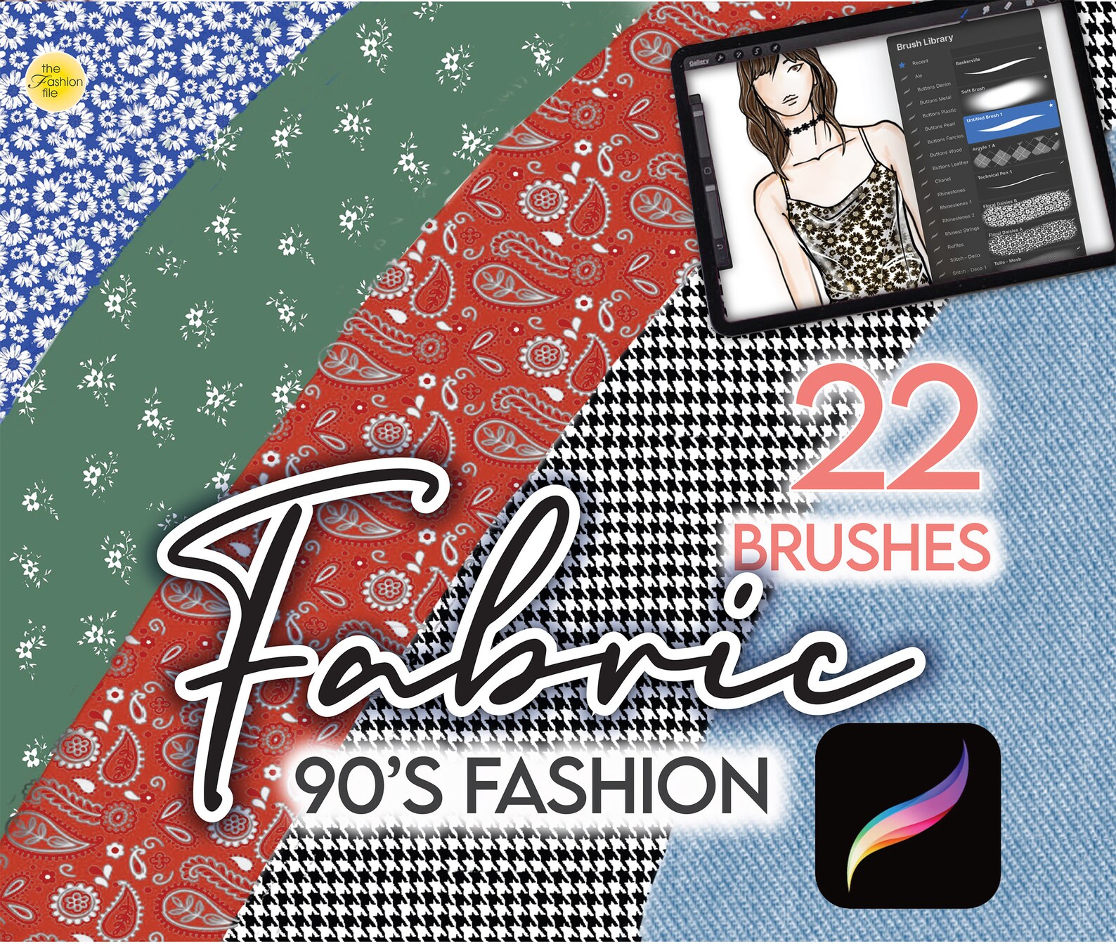 22 PROCREATE 90s FASHION TEXTURES Procreate Brush Fishnet Tartan