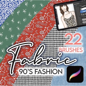 May include: A digital illustration of a fashion design with 22 fabric brushes for Procreate. The brushes are inspired by 90's fashion trends and include patterns like paisley, gingham, and floral.
