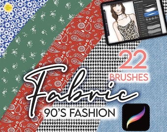 May include: A digital illustration of a fashion design with 22 fabric brushes for Procreate. The brushes are inspired by 90's fashion trends and include patterns like paisley, gingham, and floral.