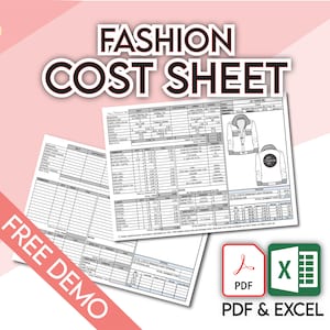 以下が含まれることがあります： PDFとExcel形式の白黒のファッションコストシートテンプレート。シートには、本体、コントラスト、裏地、ファインディング、ベンダーコストのセクションが含まれています。また、背面にロゴが付いたジャケットのサンプル衣料イラストも含まれています。