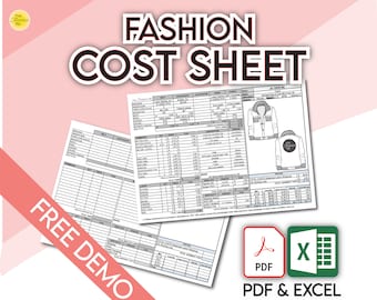 Fashion Design COST SHEET TEMPLATE Form • Formatted for auto calculation in Excel, and blank pdf • Sample fully filled out version included!
