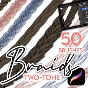 May include: 50 Two-Tone Braids Procreate Brushes.  A digital illustration of five different braids in various colors, including brown, blue, pink, and white. The braids are arranged in a diagonal pattern. The text "50 BRUSHES" is in the center of the image. The text "Braids TWO-TONE" is in the lower left corner of the image.
