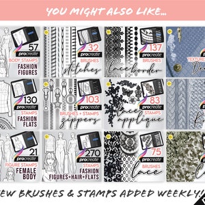 May include: A collage of digital illustrations for fashion design featuring various procreate brushes and stamps. The illustrations include fashion figures, lace borders, denim textures, knit patterns, zippers, and more. The text "NEW BRUSHES & STAMPS ADDED WEEKLY!!" is at the bottom of the collage.