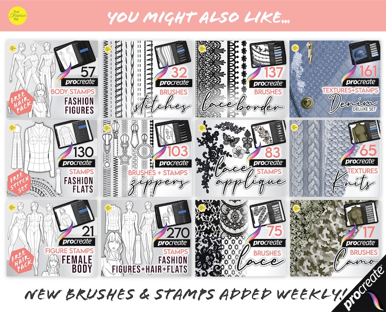 May include: A collage of digital illustrations for fashion design featuring various procreate brushes and stamps. The illustrations include fashion figures, lace borders, denim textures, knit patterns, zippers, and more. The text "NEW BRUSHES & STAMPS ADDED WEEKLY!!" is at the bottom of the collage.