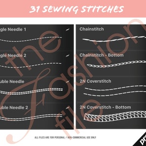 May include: A black and white illustration of 31 different sewing stitches, including single needle, double needle, chainstitch, and coverstitch. The text "31 SEWING STITCHES" is at the top of the image. The text "ALL FILES ARE FOR PERSONAL/NON-COMMERCIAL USE ONLY" is at the bottom of the image.