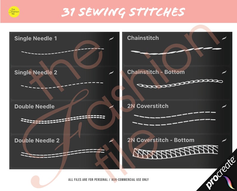 May include: A black and white illustration of 31 different sewing stitches, including single needle, double needle, chainstitch, and coverstitch. The text "31 SEWING STITCHES" is at the top of the image. The text "ALL FILES ARE FOR PERSONAL/NON-COMMERCIAL USE ONLY" is at the bottom of the image.