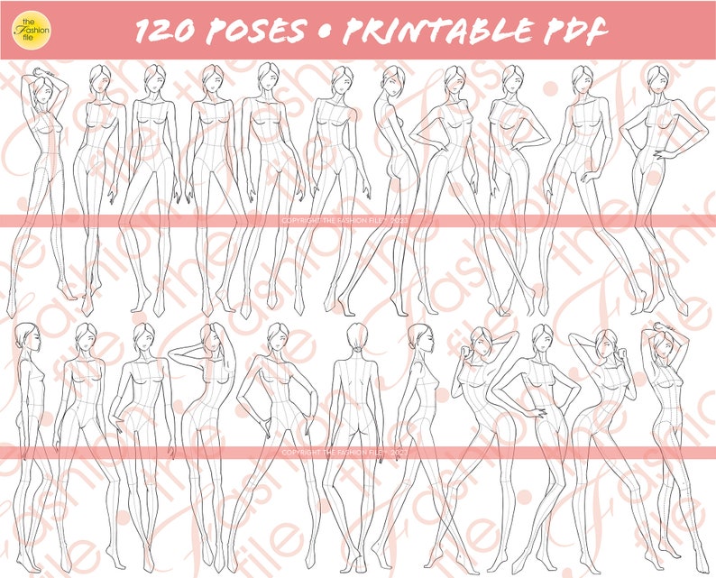 Fashion Figure Templates • 120 Poses, 9head Female Sketches (printable