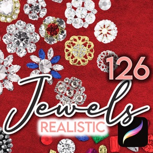 May include: A collection of 126 realistic jewels in various shapes, sizes, and colors. The jewels are arranged on a red background with the word "Jewels" written in black cursive and the word "REALISTIC" written in pink below it.