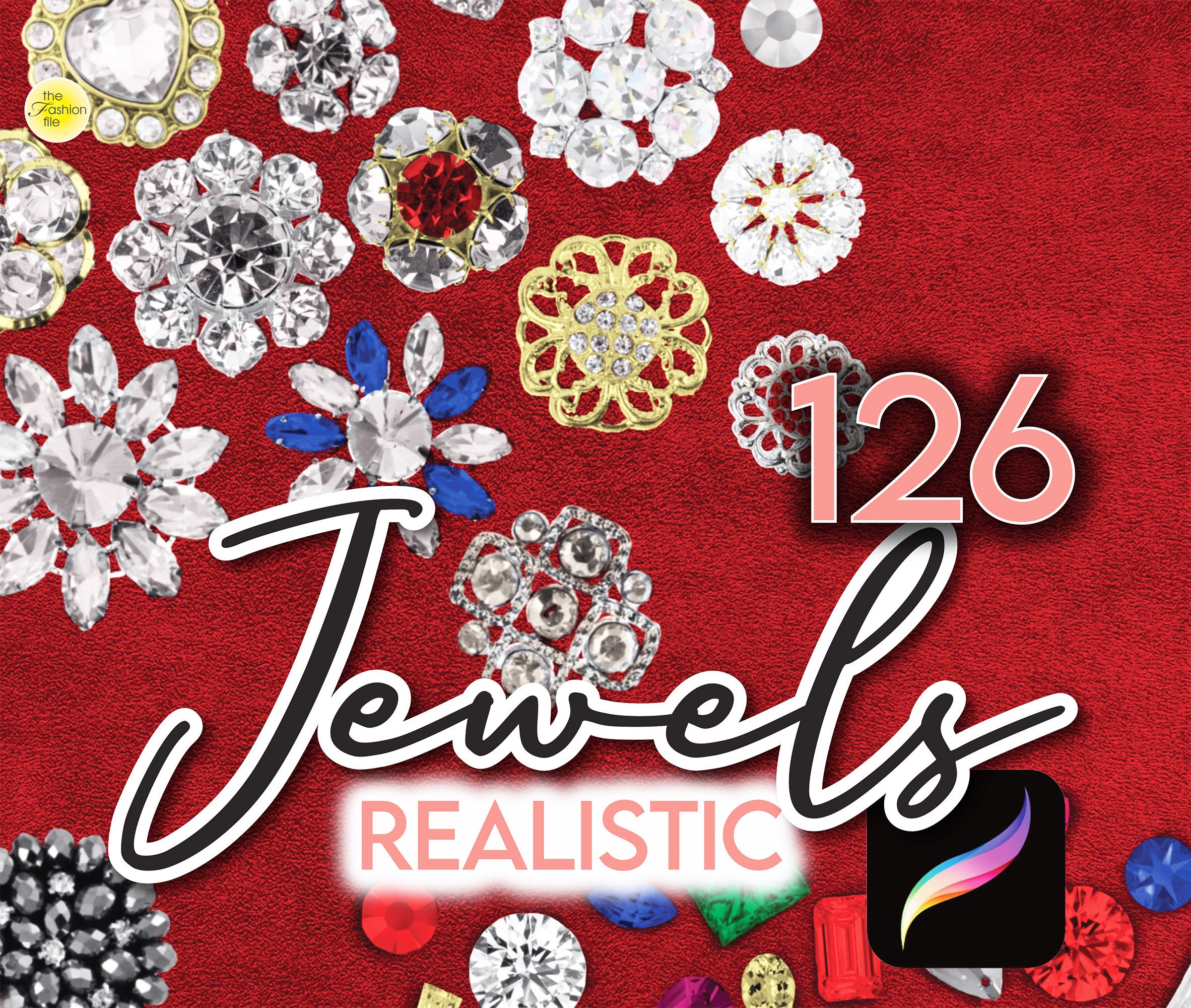 Procreate Rhinestones & Jewelry Stamps Set – 126 Realistic Crystals, Chains, Buttons + Free Color Palette