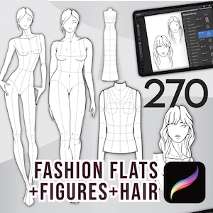 270 PROCREATE FASHION STAMPS • Female Figures 9-Head & Standard Body Poses, Hairstyles and Flats Templates • Brushset Files + Free Bonus!