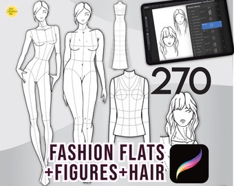 270 PROCREATE FASHION STAMPS • Female Figures 9-Head & Standard Body Poses, Hairstyles and Flats Templates • Brushset Files + Free Bonus!