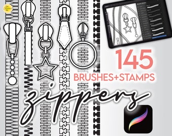 145 PROCREATE FASHION BRUSHES • 96 Zipper Pull Stamps + 49 Zipper Teeth Brushes • Brushset Files Procreate Designer Brush Anime
