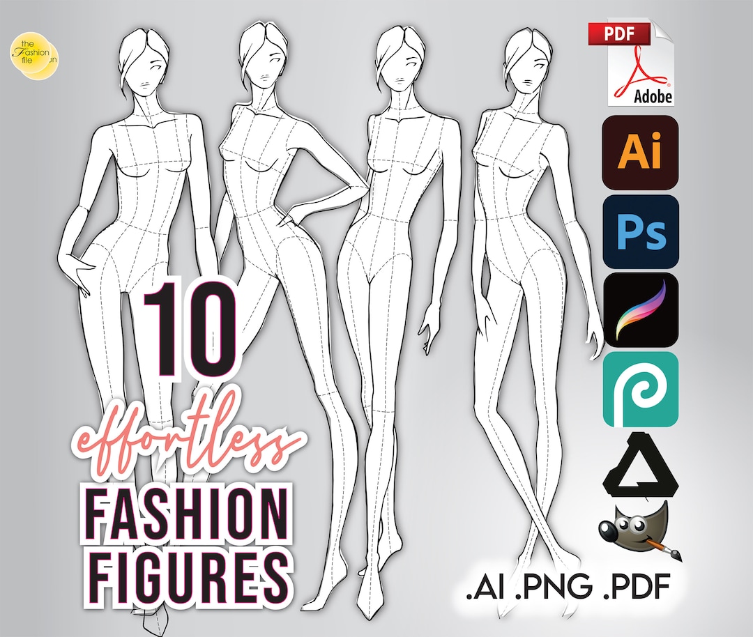 Women's Fashion Drawing Templates for Fashion Designers. 9 Heads