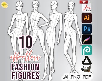 FASHION FIGURES 10 TEMPLATES • 9-Head Female Sketches • Printable Pdf, Adobe Illustrator Ai Png • Designer Croquis + Free Basic Hair & Bonus